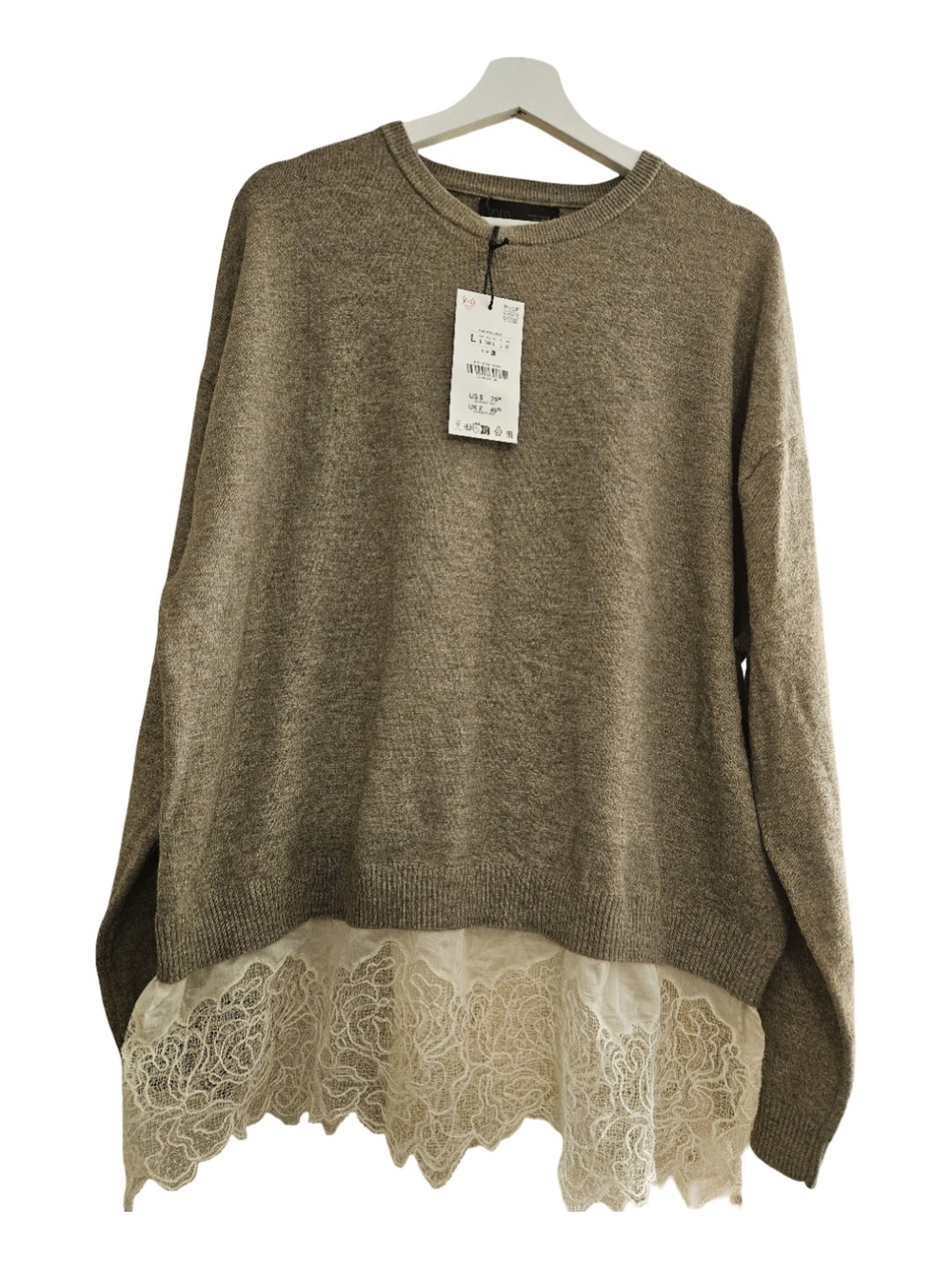 Zara Taupe Crewneck Sweater with Lace Hem